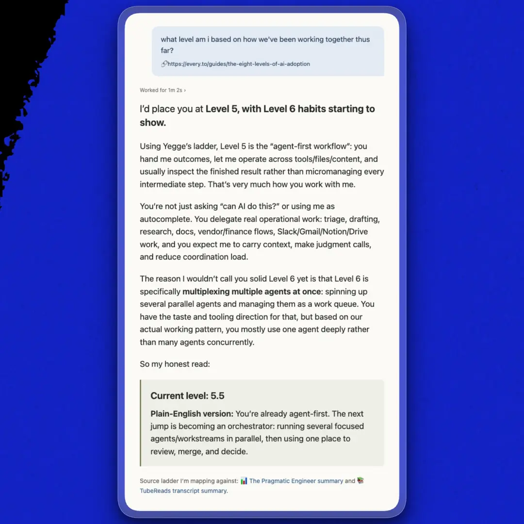 Codex places me at level 5.5 and identifies orchestration as my next step. (Recreated from a Codex conversation.)