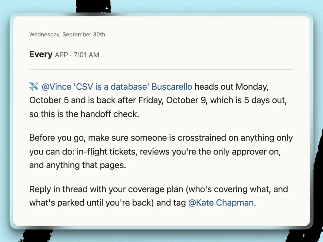 Chapman doesnât have to worry about coverage reminders because the Every Agent is on it. (Adapted from a screenshot courtesy of Kate Chapman.)