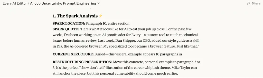 The AI editor spots an interesting “spark” buried in paragraph 10 that it thinks I should move to paragraph three.