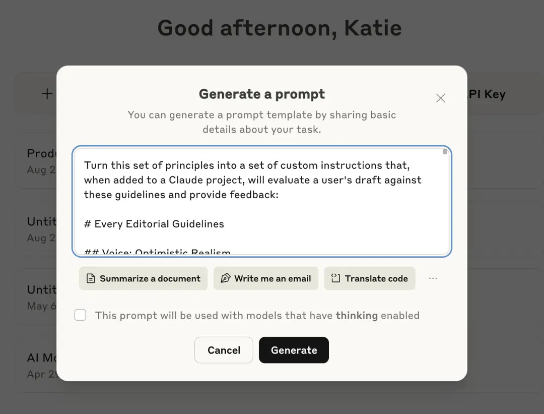 I dropped the principles I’d developed with ChatGPT into the Anthropic prompt generator, added a line at the beginning about what output I wanted, and got a set of custom instructions that I could input to the Claude project to tell it how to behave. (All screenshots courtesy of the author.)
