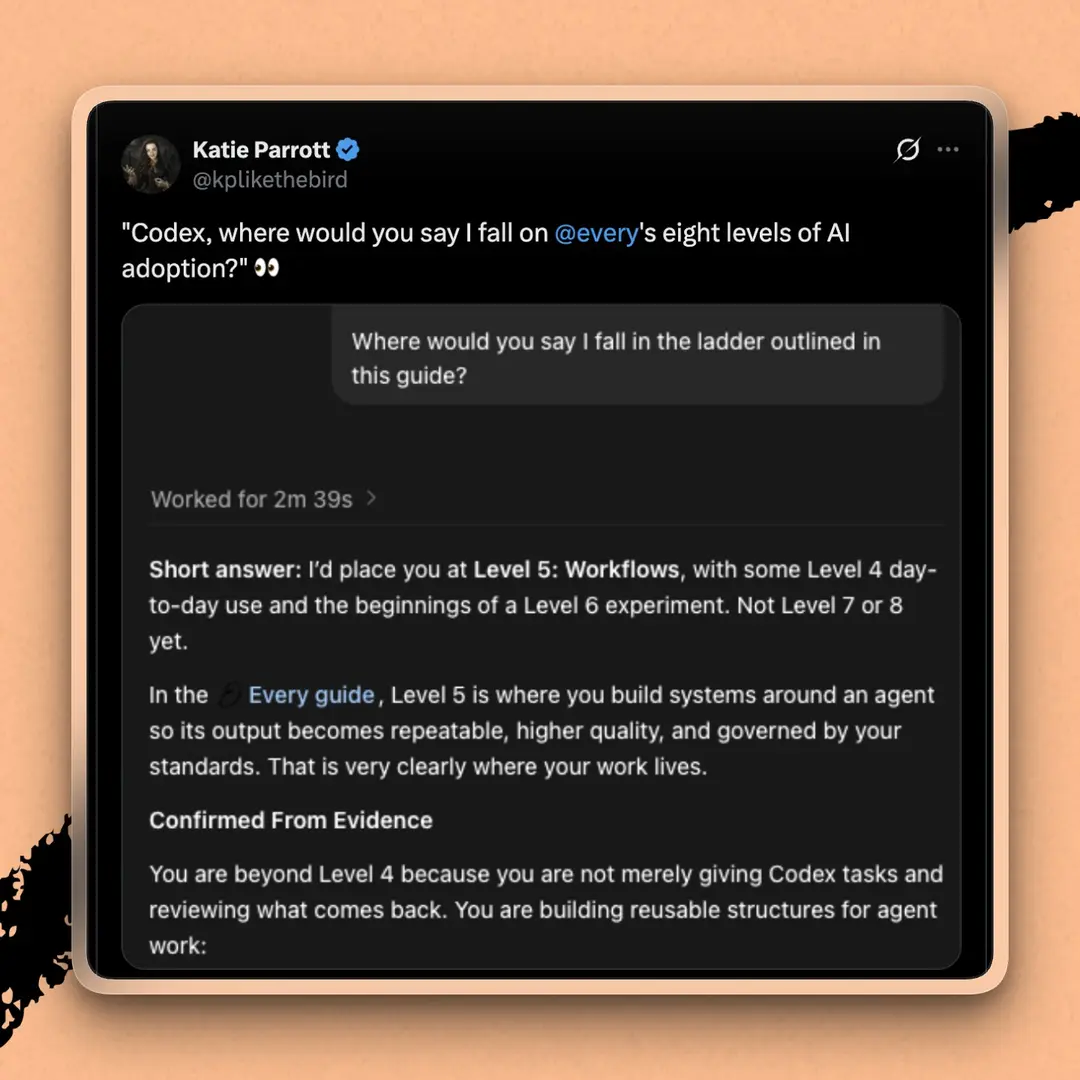 Katie Parrott asks Codex to assess her level of AI adoption. (All screenshots courtesy of Arielle Shipper.)